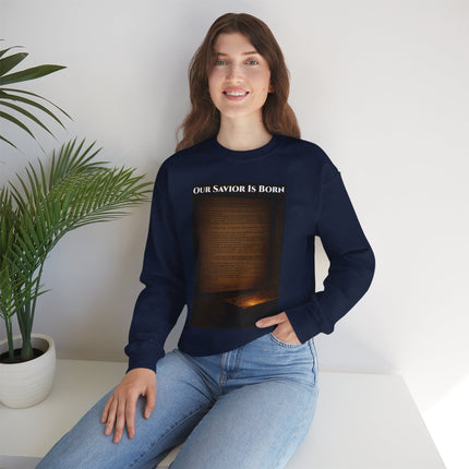 Our Savior Is Born – Full Scripture Manger Panel Sweatshirt – Luke 2:1–14 – Religious Path Collection – Christian Christmas Crewneck
