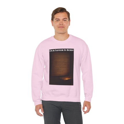 Our Savior Is Born – Full Scripture Manger Panel Sweatshirt – Luke 2:1–14 – Religious Path Collection – Christian Christmas Crewneck