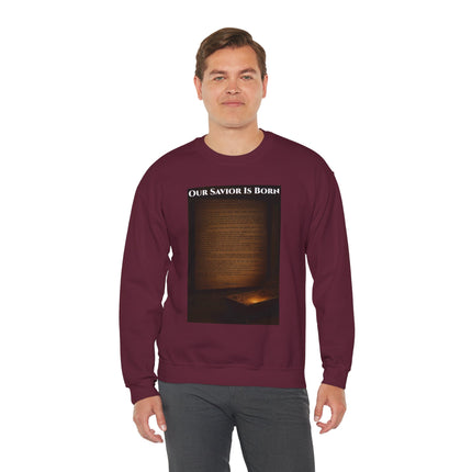 Our Savior Is Born – Full Scripture Manger Panel Sweatshirt – Luke 2:1–14 – Religious Path Collection – Christian Christmas Crewneck
