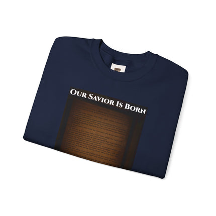 Our Savior Is Born – Full Scripture Manger Panel Sweatshirt – Luke 2:1–14 – Religious Path Collection – Christian Christmas Crewneck