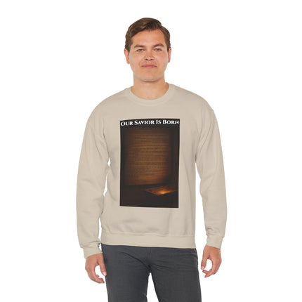 Our Savior Is Born – Full Scripture Manger Panel Sweatshirt – Luke 2:1–14 – Religious Path Collection – Christian Christmas Crewneck