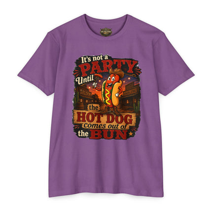 It's Not a Party Until the Hot Dog Comes Out of the Bun Funny Western Hot Dog T-Shirt | BBQ Cookout Adult Humor Graphic Tee