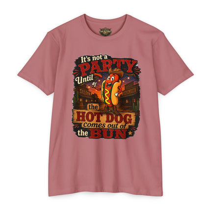 It's Not a Party Until the Hot Dog Comes Out of the Bun Funny Western Hot Dog T-Shirt | BBQ Cookout Adult Humor Graphic Tee