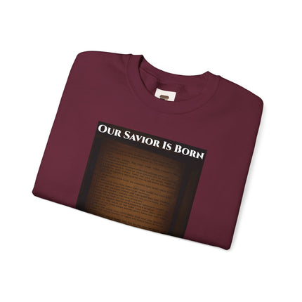 Our Savior Is Born – Full Scripture Manger Panel Sweatshirt – Luke 2:1–14 – Religious Path Collection – Christian Christmas Crewneck