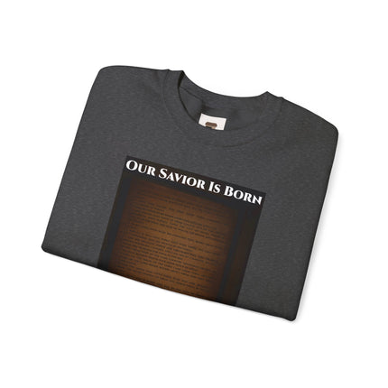 Our Savior Is Born – Full Scripture Manger Panel Sweatshirt – Luke 2:1–14 – Religious Path Collection – Christian Christmas Crewneck