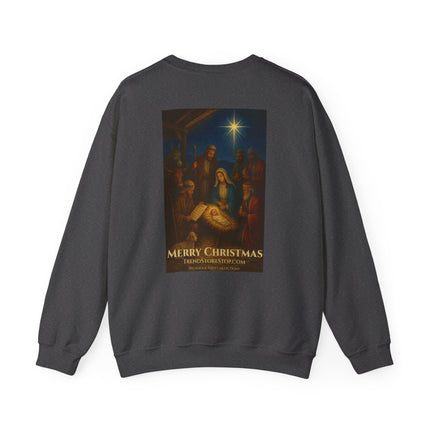 Our Savior Is Born – Full Scripture Manger Panel Sweatshirt – Luke 2:1–14 – Religious Path Collection – Christian Christmas Crewneck