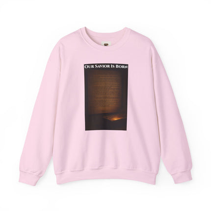 Our Savior Is Born – Full Scripture Manger Panel Sweatshirt – Luke 2:1–14 – Religious Path Collection – Christian Christmas Crewneck