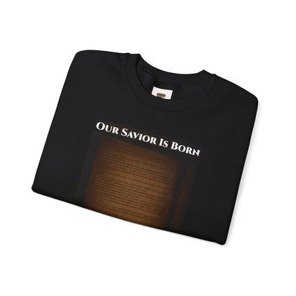 Our Savior Is Born – Full Scripture Manger Panel Sweatshirt – Luke 2:1–14 – Religious Path Collection – Christian Christmas Crewneck