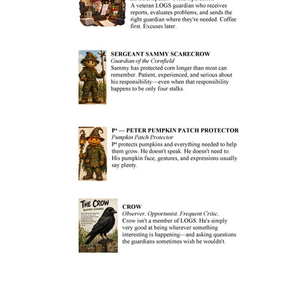 Cast of characters from LOGS: Halloween Mischief featuring Sergeant Grit, Sergeant Sammy Scarecrow, P4 Peter Pumpkin Patch Protector, and Crow