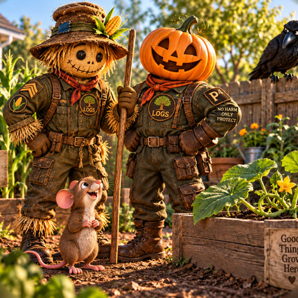 Sergeant Sammy Scarecrow and P4 protect a backyard garden with Mouse and Crow in LOGS: Halloween Mischief