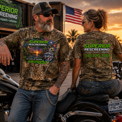 Two people wearing matching camouflage graphic T-shirts posed outdoors beside a motorcycle at sunset. The shirt design features a scenic graphic with the text 'Superior Rescreening' and 'America's Best'.